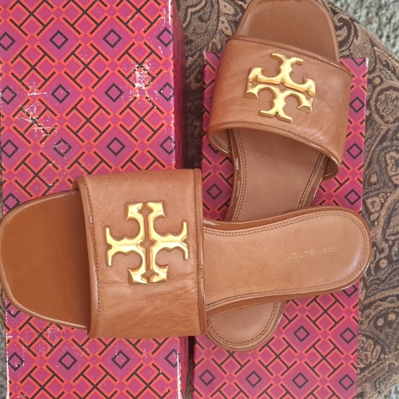Tory Burch Tan Slides with Gold Emblem - Picture 2 of 5